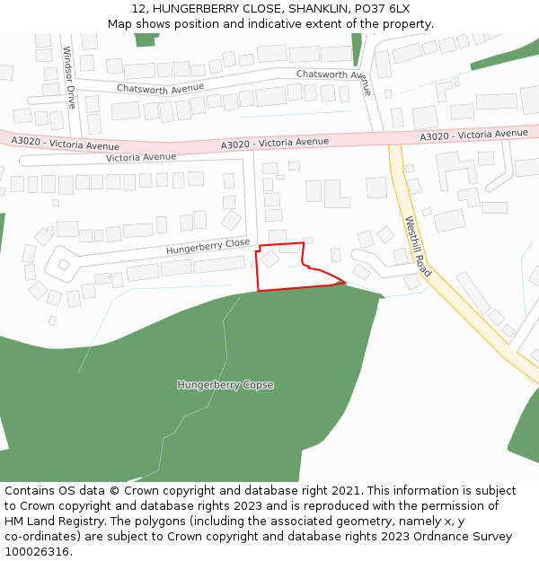 12, HUNGERBERRY CLOSE, SHANKLIN, PO37 6LX: Location map and indicative extent of plot