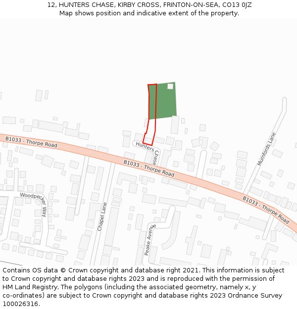 12, HUNTERS CHASE, KIRBY CROSS, FRINTON-ON-SEA, CO13 0JZ: Location map and indicative extent of plot