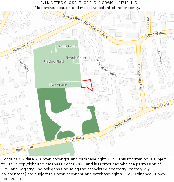 12, HUNTERS CLOSE, BLOFIELD, NORWICH, NR13 4LS: Location map and indicative extent of plot