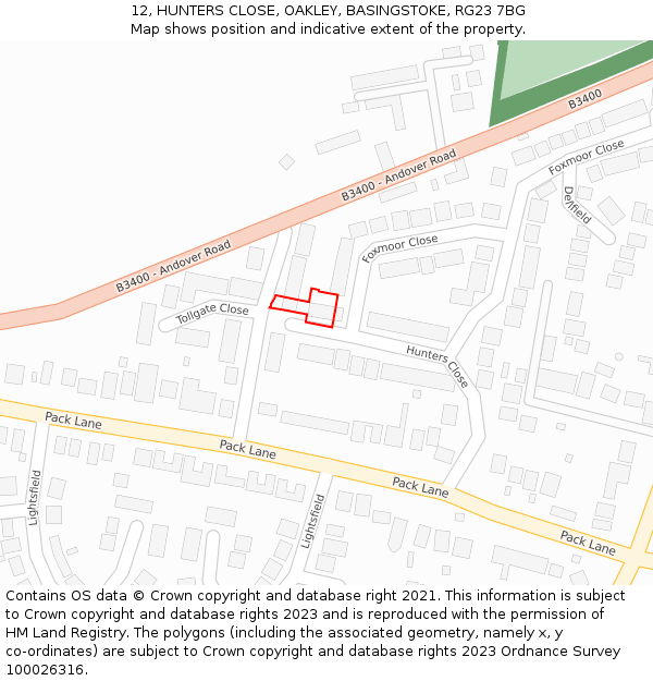 12, HUNTERS CLOSE, OAKLEY, BASINGSTOKE, RG23 7BG: Location map and indicative extent of plot