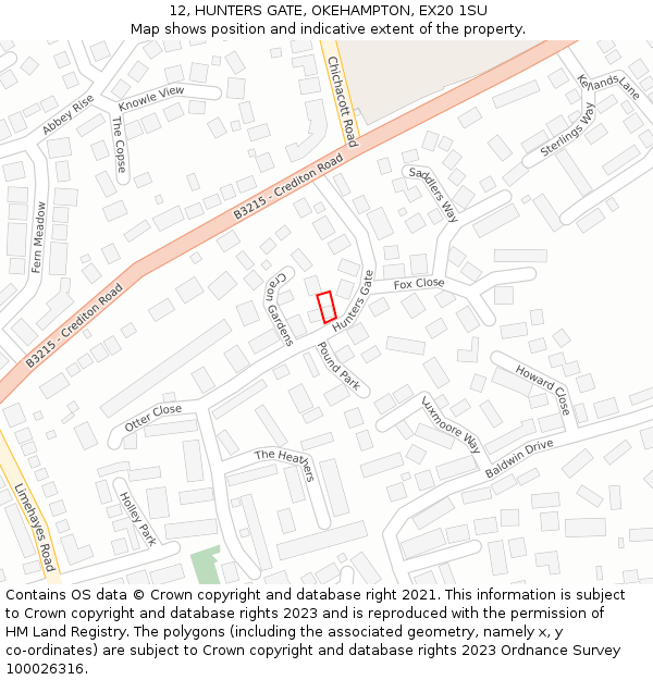 12, HUNTERS GATE, OKEHAMPTON, EX20 1SU: Location map and indicative extent of plot