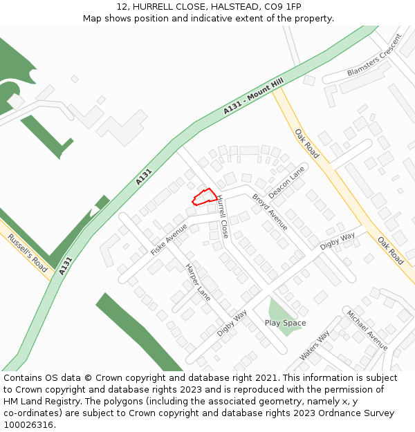 12, HURRELL CLOSE, HALSTEAD, CO9 1FP: Location map and indicative extent of plot