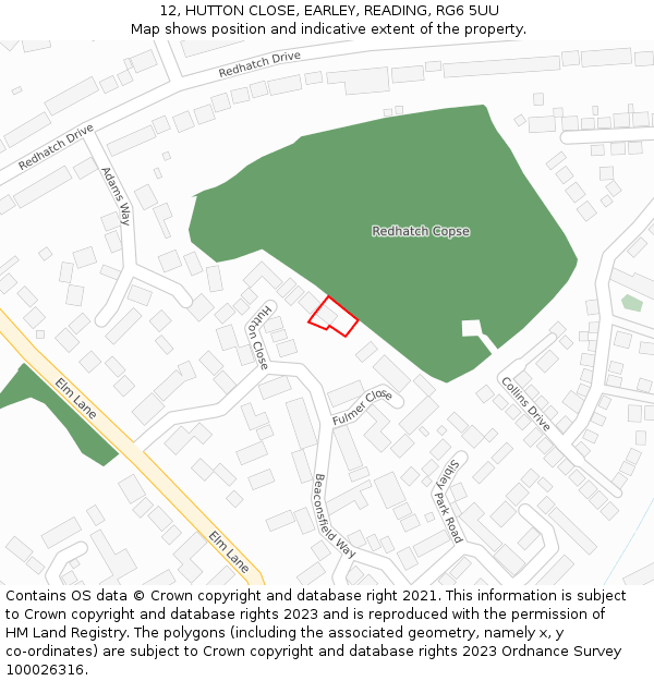 12, HUTTON CLOSE, EARLEY, READING, RG6 5UU: Location map and indicative extent of plot