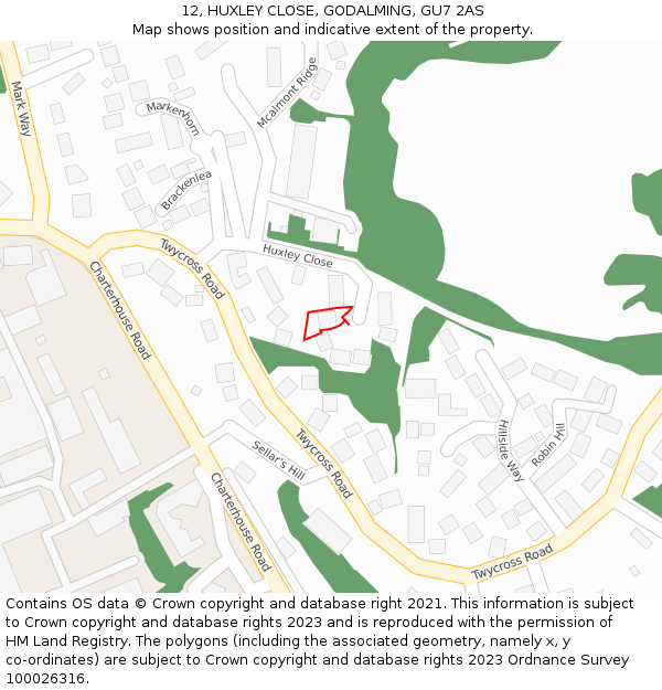 12, HUXLEY CLOSE, GODALMING, GU7 2AS: Location map and indicative extent of plot