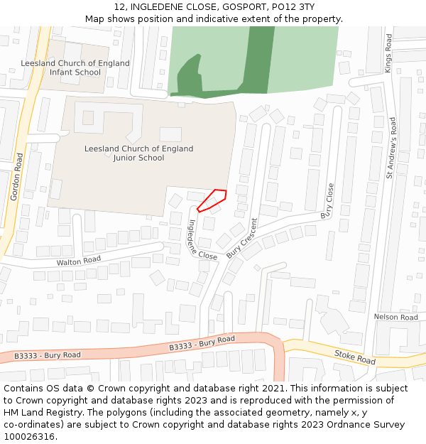 12, INGLEDENE CLOSE, GOSPORT, PO12 3TY: Location map and indicative extent of plot