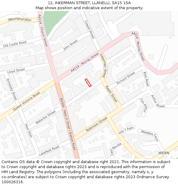 12, INKERMAN STREET, LLANELLI, SA15 1SA: Location map and indicative extent of plot