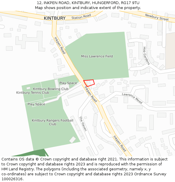 12, INKPEN ROAD, KINTBURY, HUNGERFORD, RG17 9TU: Location map and indicative extent of plot