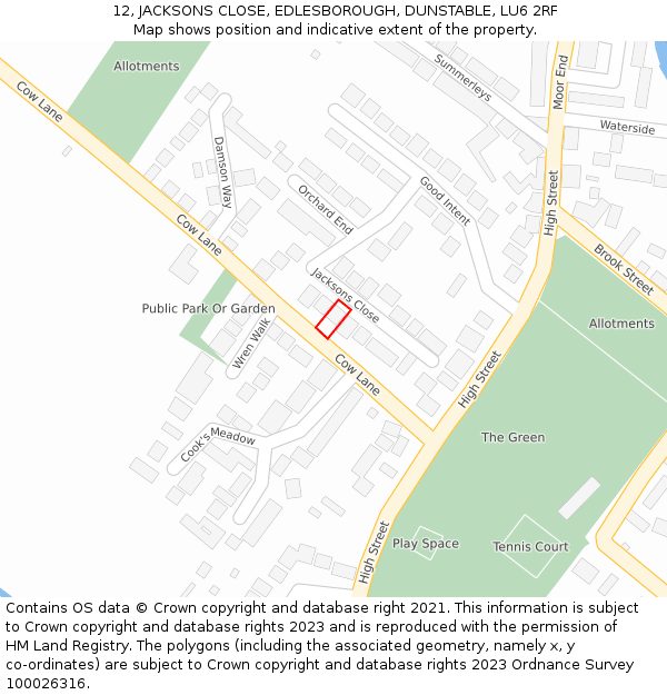 12, JACKSONS CLOSE, EDLESBOROUGH, DUNSTABLE, LU6 2RF: Location map and indicative extent of plot