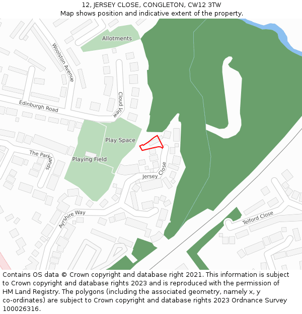 12, JERSEY CLOSE, CONGLETON, CW12 3TW: Location map and indicative extent of plot