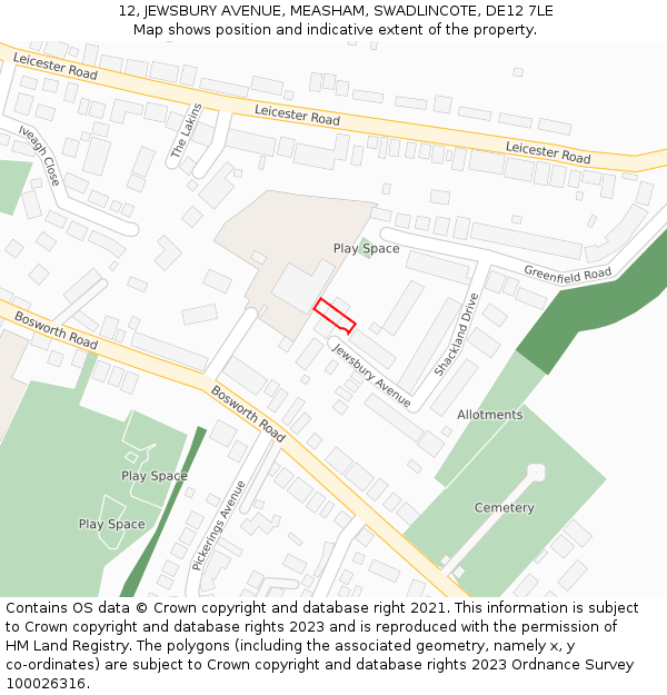 12, JEWSBURY AVENUE, MEASHAM, SWADLINCOTE, DE12 7LE: Location map and indicative extent of plot