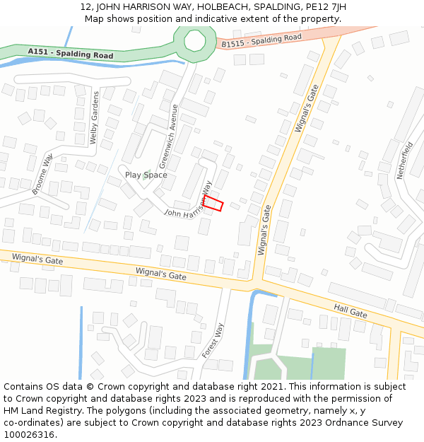 12, JOHN HARRISON WAY, HOLBEACH, SPALDING, PE12 7JH: Location map and indicative extent of plot