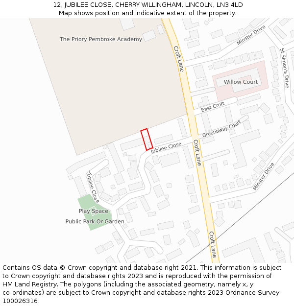 12, JUBILEE CLOSE, CHERRY WILLINGHAM, LINCOLN, LN3 4LD: Location map and indicative extent of plot