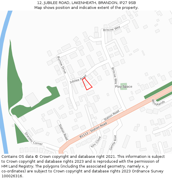 12, JUBILEE ROAD, LAKENHEATH, BRANDON, IP27 9SB: Location map and indicative extent of plot