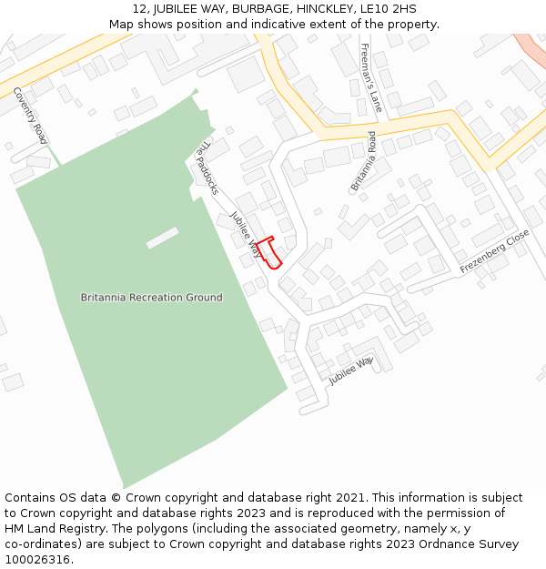 12, JUBILEE WAY, BURBAGE, HINCKLEY, LE10 2HS: Location map and indicative extent of plot