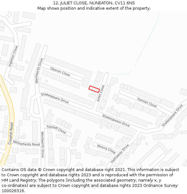 12, JULIET CLOSE, NUNEATON, CV11 6NS: Location map and indicative extent of plot