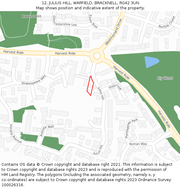 12, JULIUS HILL, WARFIELD, BRACKNELL, RG42 3UN: Location map and indicative extent of plot