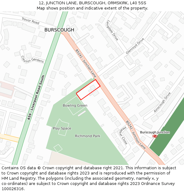 12, JUNCTION LANE, BURSCOUGH, ORMSKIRK, L40 5SS: Location map and indicative extent of plot