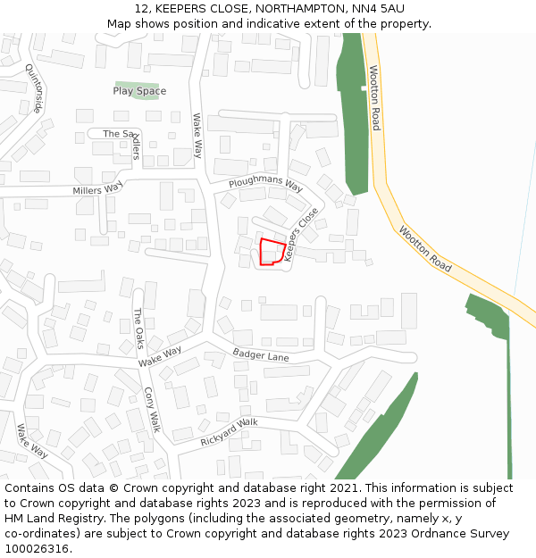 12, KEEPERS CLOSE, NORTHAMPTON, NN4 5AU: Location map and indicative extent of plot