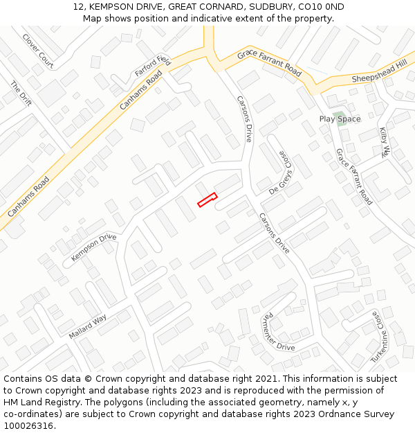 12, KEMPSON DRIVE, GREAT CORNARD, SUDBURY, CO10 0ND: Location map and indicative extent of plot