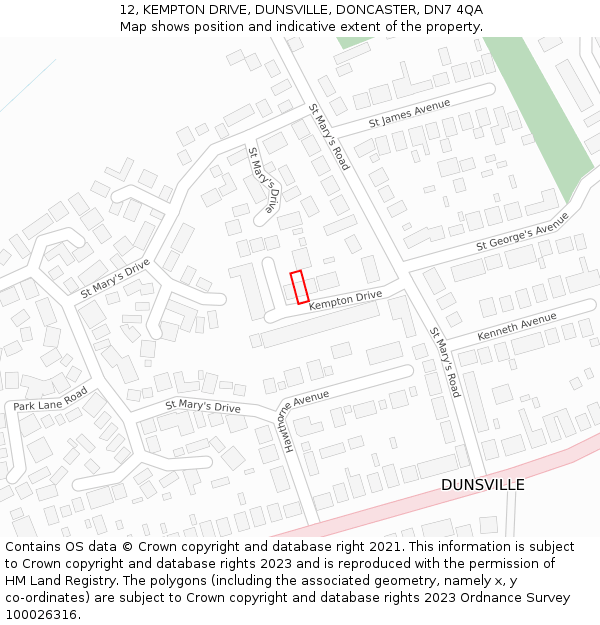 12, KEMPTON DRIVE, DUNSVILLE, DONCASTER, DN7 4QA: Location map and indicative extent of plot