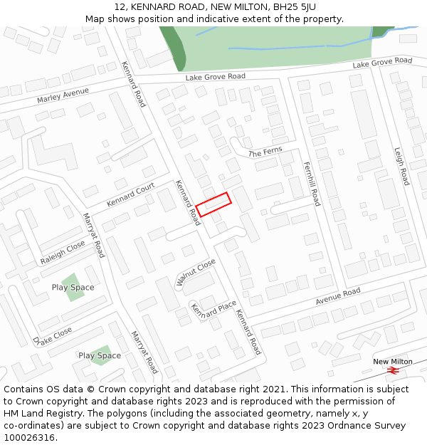 12, KENNARD ROAD, NEW MILTON, BH25 5JU: Location map and indicative extent of plot