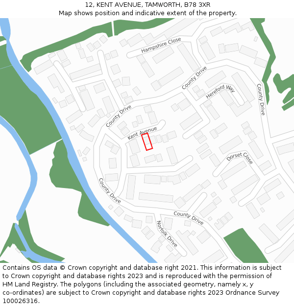 12, KENT AVENUE, TAMWORTH, B78 3XR: Location map and indicative extent of plot