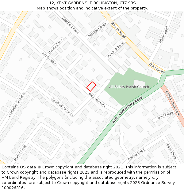 12, KENT GARDENS, BIRCHINGTON, CT7 9RS: Location map and indicative extent of plot