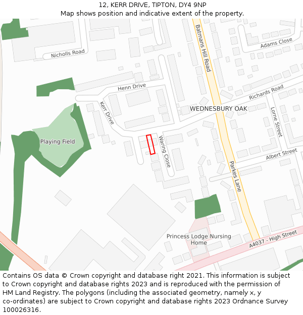 12, KERR DRIVE, TIPTON, DY4 9NP: Location map and indicative extent of plot