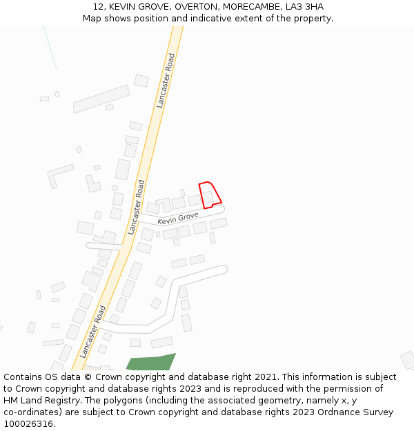 12, KEVIN GROVE, OVERTON, MORECAMBE, LA3 3HA: Location map and indicative extent of plot