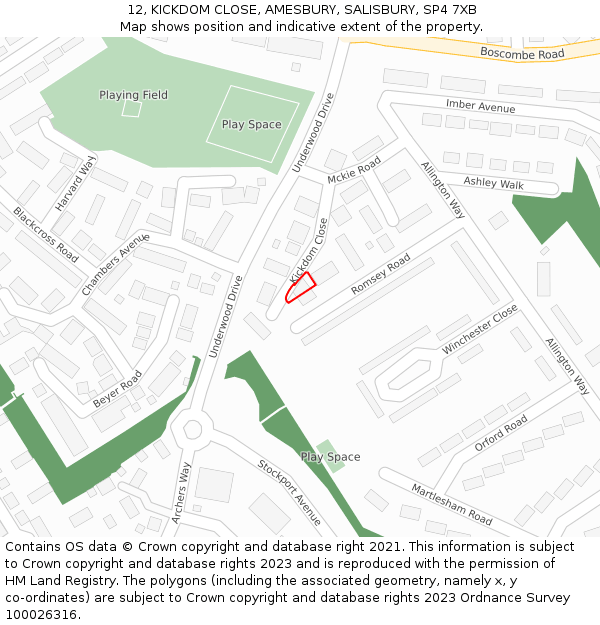 12, KICKDOM CLOSE, AMESBURY, SALISBURY, SP4 7XB: Location map and indicative extent of plot