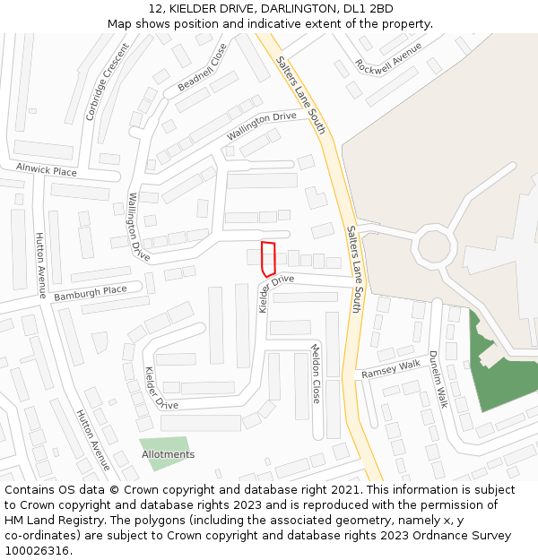 12, KIELDER DRIVE, DARLINGTON, DL1 2BD: Location map and indicative extent of plot