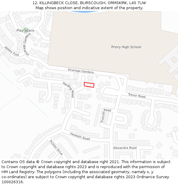 12, KILLINGBECK CLOSE, BURSCOUGH, ORMSKIRK, L40 7UW: Location map and indicative extent of plot