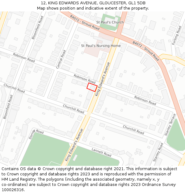 12, KING EDWARDS AVENUE, GLOUCESTER, GL1 5DB: Location map and indicative extent of plot