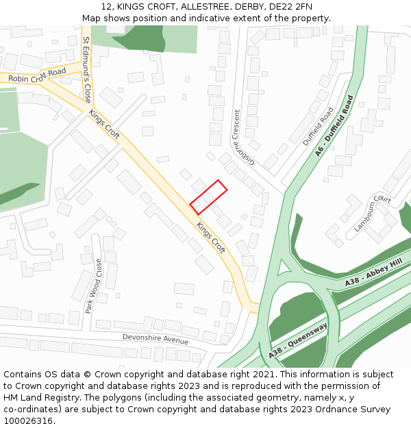 12, KINGS CROFT, ALLESTREE, DERBY, DE22 2FN: Location map and indicative extent of plot