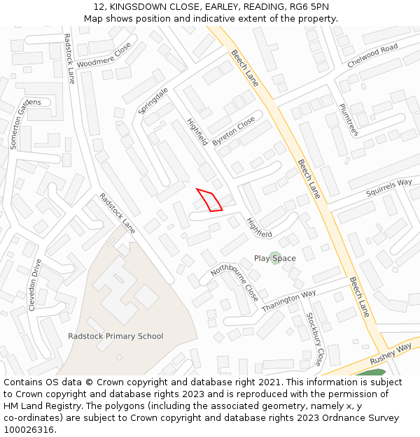 12, KINGSDOWN CLOSE, EARLEY, READING, RG6 5PN: Location map and indicative extent of plot