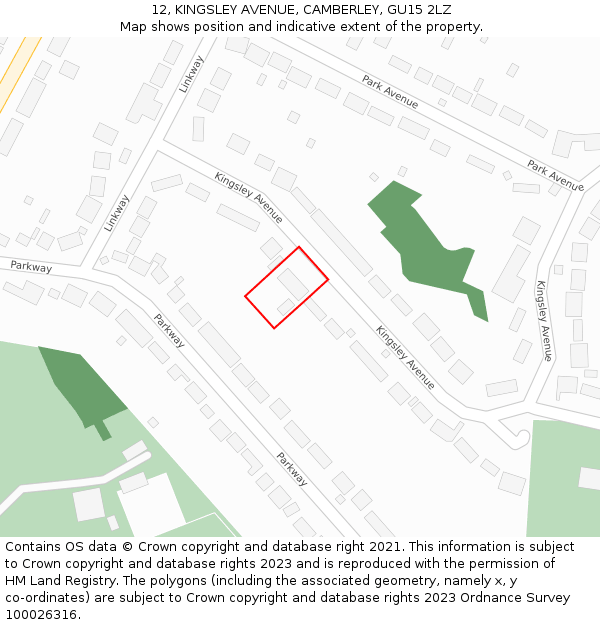12, KINGSLEY AVENUE, CAMBERLEY, GU15 2LZ: Location map and indicative extent of plot