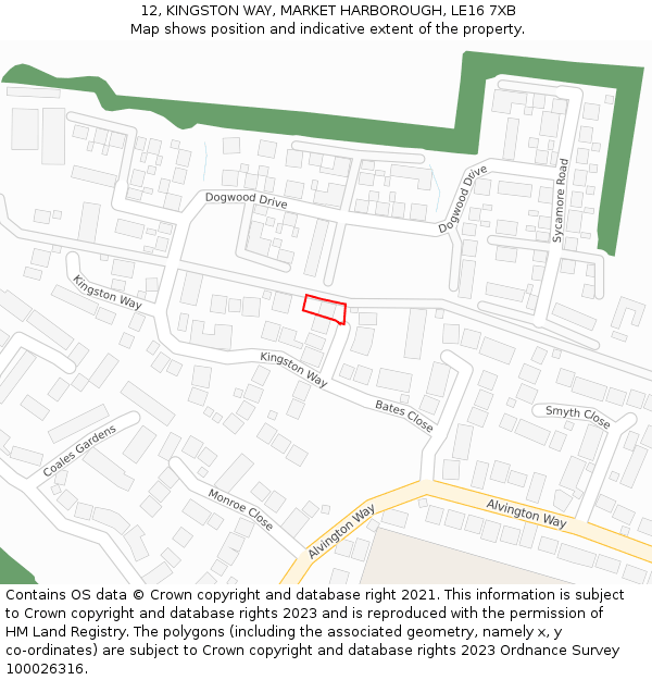 12, KINGSTON WAY, MARKET HARBOROUGH, LE16 7XB: Location map and indicative extent of plot