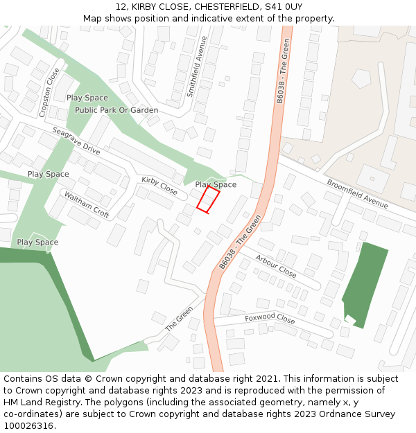 12, KIRBY CLOSE, CHESTERFIELD, S41 0UY: Location map and indicative extent of plot