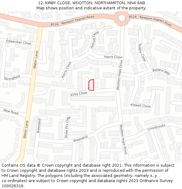 12, KIRBY CLOSE, WOOTTON, NORTHAMPTON, NN4 6AB: Location map and indicative extent of plot