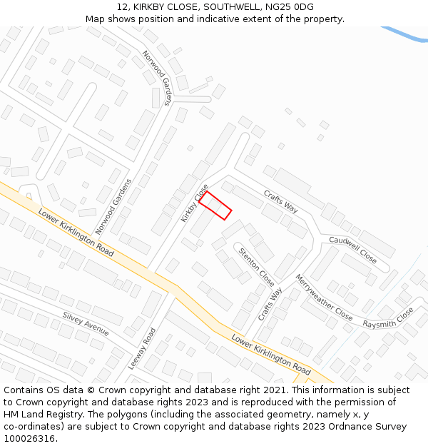 12, KIRKBY CLOSE, SOUTHWELL, NG25 0DG: Location map and indicative extent of plot