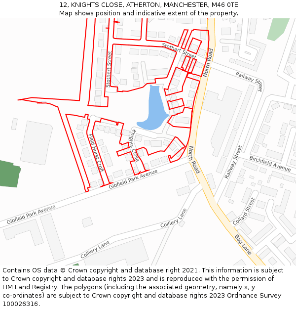 12, KNIGHTS CLOSE, ATHERTON, MANCHESTER, M46 0TE: Location map and indicative extent of plot