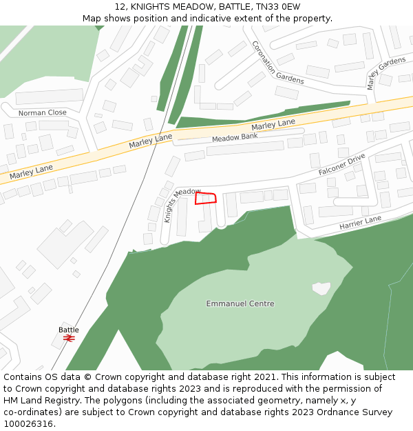 12, KNIGHTS MEADOW, BATTLE, TN33 0EW: Location map and indicative extent of plot
