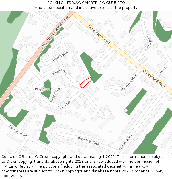 12, KNIGHTS WAY, CAMBERLEY, GU15 1EQ: Location map and indicative extent of plot