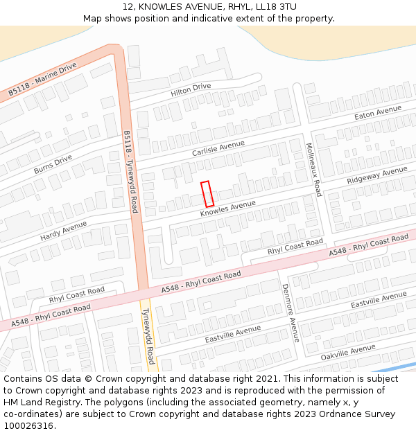 12, KNOWLES AVENUE, RHYL, LL18 3TU: Location map and indicative extent of plot