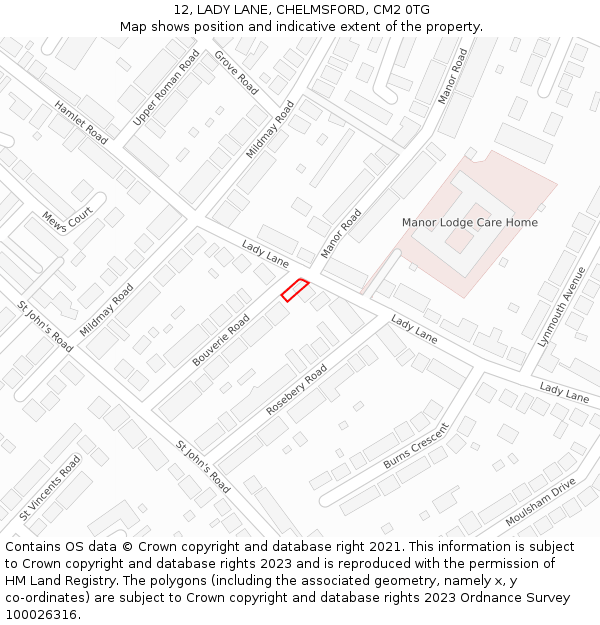 12, LADY LANE, CHELMSFORD, CM2 0TG: Location map and indicative extent of plot