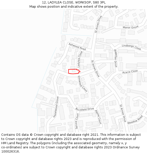 12, LADYLEA CLOSE, WORKSOP, S80 3PL: Location map and indicative extent of plot