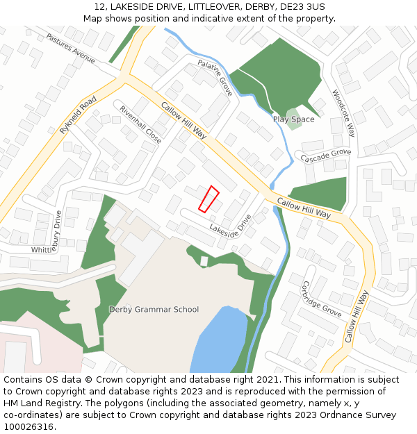 12, LAKESIDE DRIVE, LITTLEOVER, DERBY, DE23 3US: Location map and indicative extent of plot