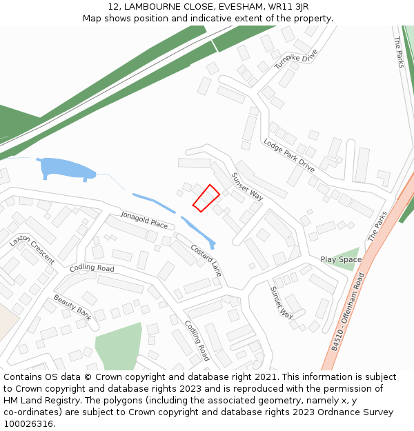 12, LAMBOURNE CLOSE, EVESHAM, WR11 3JR: Location map and indicative extent of plot