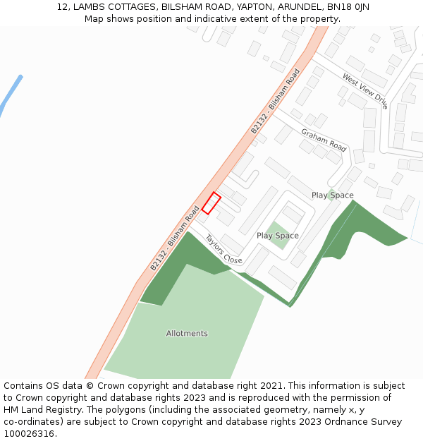 12, LAMBS COTTAGES, BILSHAM ROAD, YAPTON, ARUNDEL, BN18 0JN: Location map and indicative extent of plot