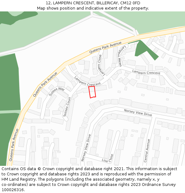 12, LAMPERN CRESCENT, BILLERICAY, CM12 0FD: Location map and indicative extent of plot